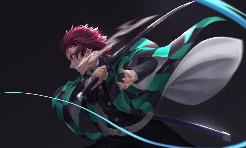 1boy absurdres belt belt_buckle black_jacket buckle earrings from_side haori highres holding holding_sword holding_weapon jacket japanese_clothes jewelry kamado_tanjirou katana kimetsu_no_yaiba long_sleeves male_focus profile red_eyes redhead scar solo sr33023302 sword weapon