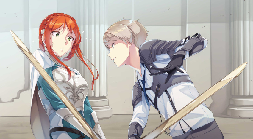 1boy 1girl absurdres armor bangs battle bracer braid breastplate breasts cape character_request cleavage_cutout crown_braid green_eyes highres himesuzu holding holding_sword holding_weapon kochugunshikan_bokensha_ni_naru long_hair long_sleeves looking_at_another novel_illustration official_art parted_bangs parted_lips redhead sidelocks sweatdrop sword two-handed upper_body weapon wooden_sword