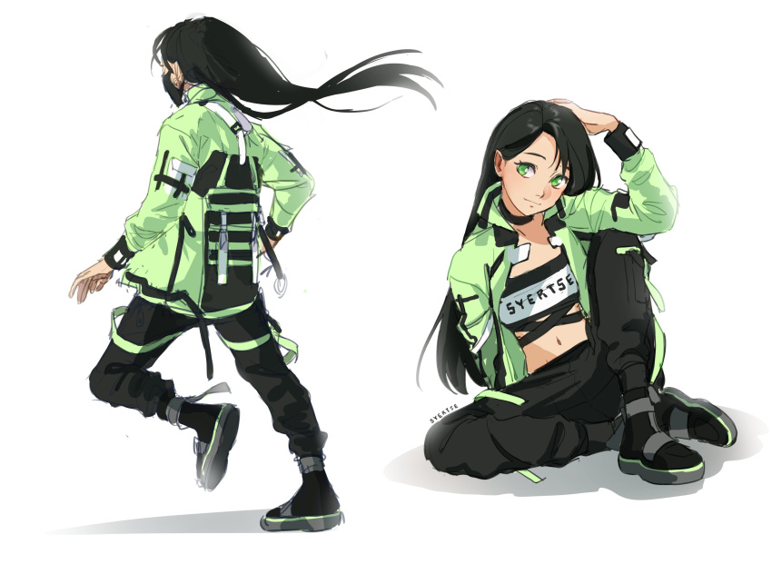 1girl absurdres arm_up artist_name black_hair black_pants closed_mouth crop_top eyebrows green_eyes highres knee_up long_hair long_sleeves looking_at_viewer navel original pants sitting smile syertse