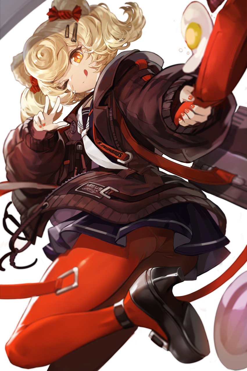1girl ;q animal_ears arknights bear_ears black_jacket black_skirt blonde_hair egg frying_pan goomrrat gummy_(arknights) hair_ornament hairclip highres holding jacket leg_up loafers long_hair long_sleeves looking_at_viewer miniskirt nail_polish necktie one_eye_closed orange_eyes pantyhose puffy_sleeves red_legwear shoes skirt smile solo standing standing_on_one_leg tongue tongue_out w