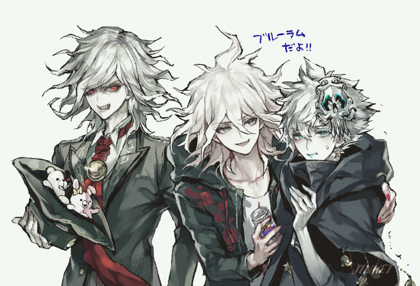 3boys can charles_henri_sanson_(fate/grand_order) clenched_teeth cloak color_connection creator_connection crossover dangan_ronpa edmond_dantes_(fate/grand_order) fate/grand_order fate_(series) hair_color_connection hair_ornament hat hood hoodie komaeda_nagito koshika_rina male_focus monokuma monomi_(dangan_ronpa) multiple_boys pale_skin red_eyes scarf super_dangan_ronpa_2 teeth white_hair yellow_eyes