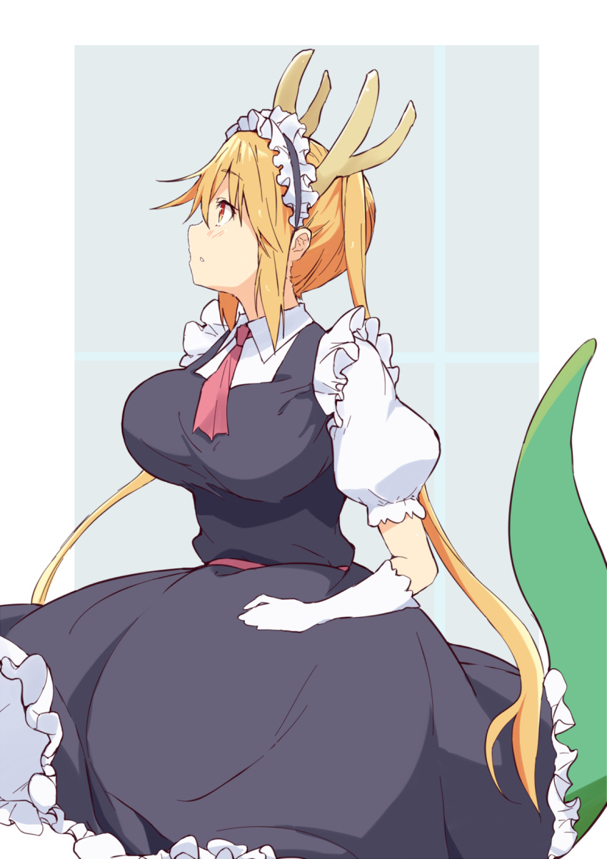 1girl blonde_hair breasts commentary_request dragon_girl dragon_horns dragon_tail elbow_gloves eyebrows_visible_through_hair gloves highres horns jampen kobayashi-san_chi_no_maidragon large_breasts long_hair looking_away maid maid_headdress necktie orange_eyes puffy_short_sleeves puffy_sleeves short_sleeves tail tooru_(maidragon) twintails white_gloves