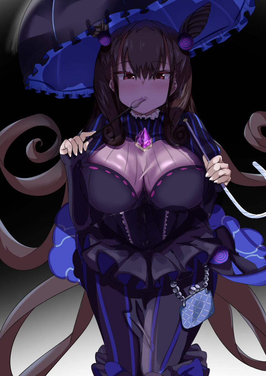 1girl absurdres amethyst_(gemstone) arms_up bag black_background black_dress blush breasts brown_eyes brown_hair calligraphy_brush commentary cropped_legs double_bun dress fate/grand_order fate_(series) frown gradient gradient_background grey_background handbag highres holding holding_brush holding_umbrella large_breasts loka135 long_hair looking_at_viewer murasaki_shikibu_(fate) paintbrush skirt standing striped striped_skirt two_side_up umbrella underbust vertical-striped_skirt vertical_stripes very_long_hair