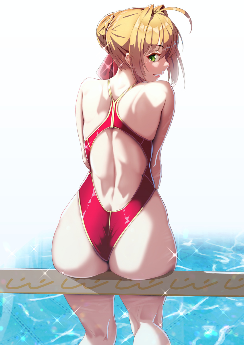 1girl ahoge alternate_costume ass back bare_legs bare_shoulders blonde_hair blush braid commentary_request competition_swimsuit eyebrows_visible_through_hair fate/grand_order fate_(series) french_braid from_behind green_eyes hair_bun hair_intakes hair_ribbon happymonk highleg highleg_swimsuit highres looking_at_viewer looking_back nero_claudius_(fate) nero_claudius_(fate)_(all) one-piece_swimsuit parted_lips red_ribbon red_swimsuit ribbon sitting skindentation smile solo sparkle swimsuit water white_background