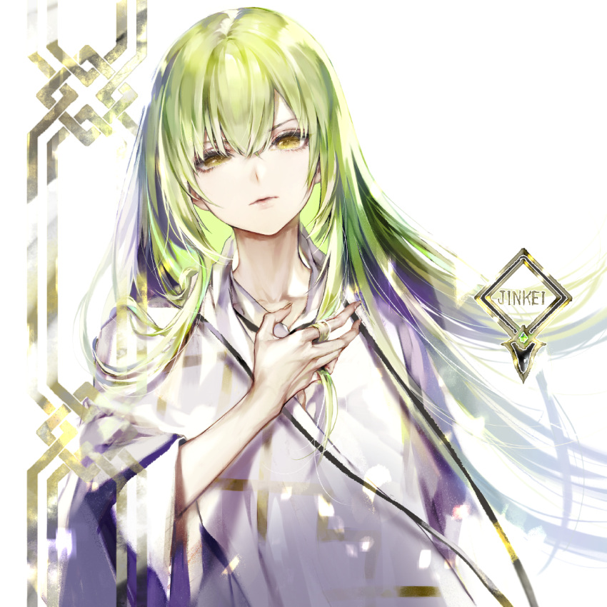 1other androgynous enkidu_(fate/strange_fake) fate/strange_fake fate_(series) green_eyes green_hair highres holding holding_hair koshika_rina logo long_hair robe signature solo wide_sleeves yellow_eyes