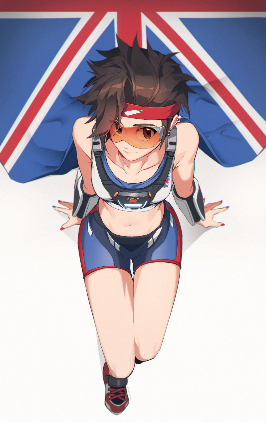 1girl absurdres artist_name bare_shoulders blue_nails breasts brown_eyes brown_hair closed_mouth collarbone ear_piercing earrings flag from_above full_body glasses goggles harness highres jewelry legs looking_at_viewer maro_(lij512) nail_polish navel orange_goggles overwatch piercing red_nails shoelaces shoes short_hair short_shorts shorts simple_background sitting sleeveless smile sneakers solo spiky_hair stomach tracer_(overwatch) union_jack