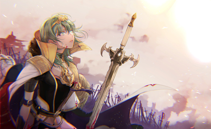 1girl blood bloody_weapon byleth_(fire_emblem) byleth_eisner_(female) dagger fire_emblem fire_emblem:_three_houses green_eyes green_hair imaing medium_hair parted_lips petals sheath sheathed solo sword tearing_up tiara upper_body weapon