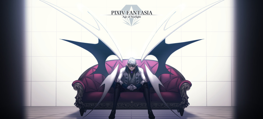1boy chair closed_mouth couch gloves highres indoors male_focus mask multiple_wings pixiv_fantasia pixiv_fantasia_age_of_starlight pointy_ears sasama_keiji sitting smile solo white_gloves white_hair white_wings wings
