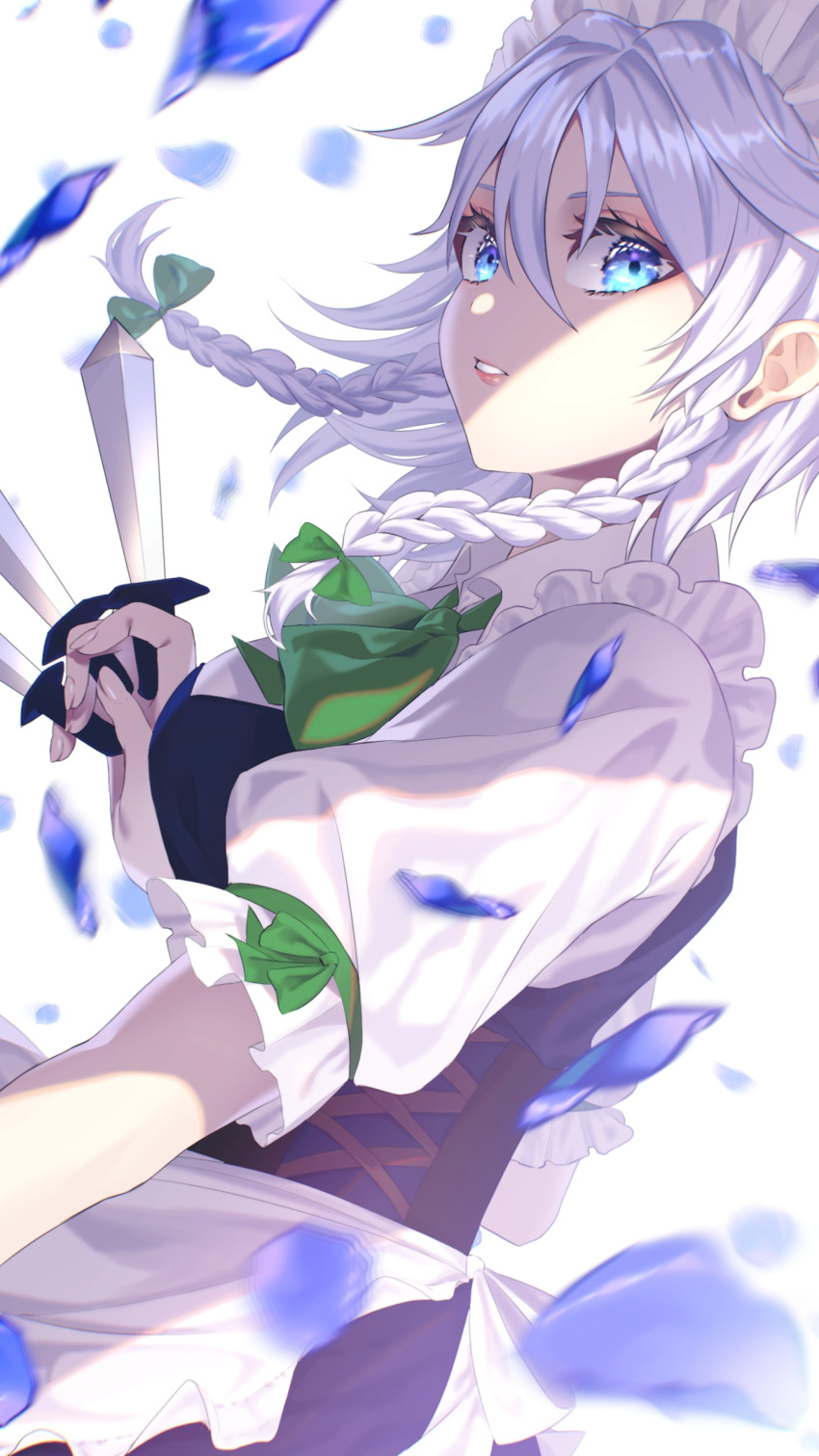 1girl absurdres ascot bangs between_fingers blue_dress blue_eyes bow braid breasts commentary_request corset dress dutch_angle eyebrows_behind_hair floating_hair from_side green_ascot green_bow hair_between_eyes hair_bow hair_ribbon hand_up highres holding holding_knife izayoi_sakuya knife looking_at_viewer maid_headdress medium_breasts medium_hair motion_blur parted_lips petals puffy_short_sleeves puffy_sleeves ribbon sakura_raku short_sleeves silver_hair simple_background solo throwing_knife touhou tress_ribbon twin_braids upper_body weapon white_background wing_collar