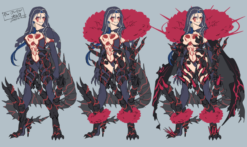 armor bikini blue_hair breasts cape character_sheet chest_tattoo claws cu_chulainn_(fate)_(all) cu_chulainn_alter_(fate/grand_order) facial_mark fate/grand_order fate_(series) full_body fur-trimmed_cape fur_trim genderswap genderswap_(mtf) hood hood_up leotard long_hair nishiyama_(whatsoy) ponytail red_eyes standing swimsuit tail tattoo variations
