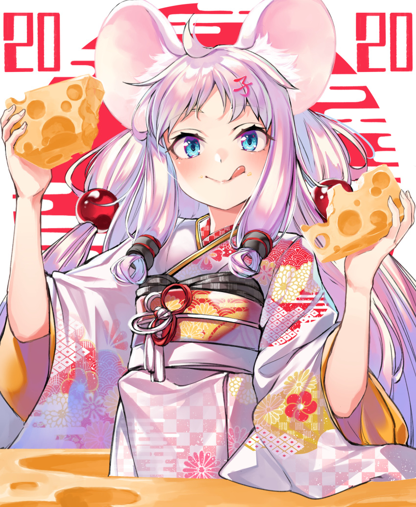 1girl 2020 absurdres animal_ears cheese chinese_zodiac food highres japanese_clothes kimono mouse mouse_ears mouse_girl original wachiroku_(masakiegawa86) year_of_the_rat