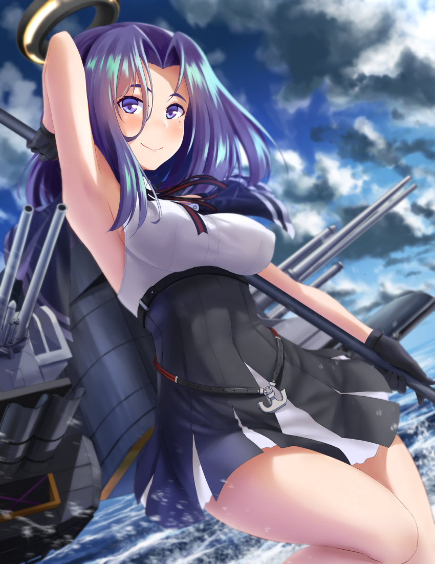 1girl black_dress black_gloves blue_sky cannon clouds day dress glaive gloves hair_intakes highres holding holding_weapon kantai_collection mechanical_halo motomatsu_naoki outdoors pleated_dress polearm purple_hair rigging short_dress short_hair sky sleeveless sleeveless_dress smile solo tatsuta_(kantai_collection) turret violet_eyes weapon