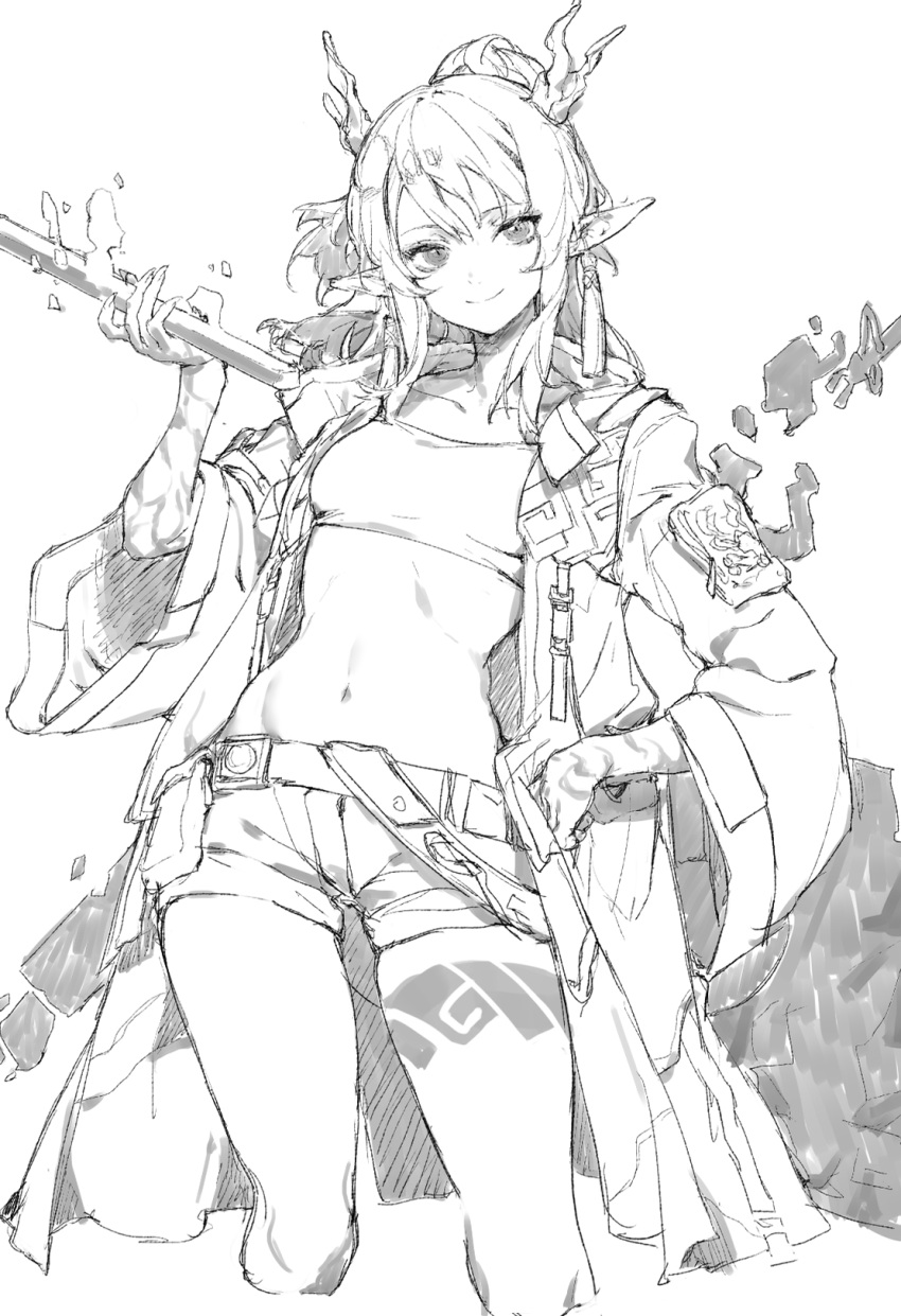 1girl arknights belt closed_mouth earrings greyscale hand_on_hip highres holding horns jacket jewelry monochrome navel nian_(arknights) pointy_ears ponytail pouch shisantian short_shorts shorts sketch smile solo tattoo thigh_tattoo tied_hair