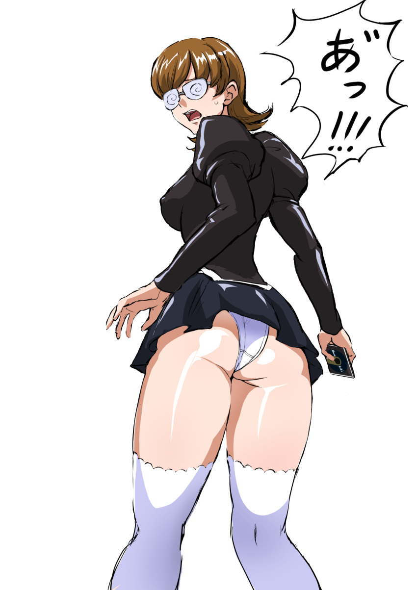 1girl agent_aika aika_(series) ass bangs black_delmo black_jacket black_skirt breasts brown_hair commentary_request crotch_seam delmogeny_uniform extra floppy_disk from_behind glasses highres holding jacket juliet_sleeves long_sleeves mamesi_(suhk8583) medium_breasts open_mouth panties pantyshot pantyshot_(standing) pleated_skirt puffy_sleeves short_hair skirt solo speech_bubble standing thigh-highs underwear uniform white_legwear white_panties