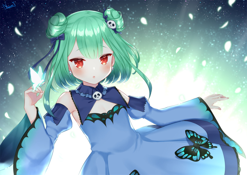 1girl :o artist_name blush bug butterfly detached_sleeves double_bun earrings flat_chest green_hair hair_between_eyes hair_ornament hair_ribbon hololive insect jewelry lolita_fashion looking_at_viewer naomi_(fantasia) parted_lips red_eyes ribbon skull_hair_ornament solo uruha_rushia virtual_youtuber