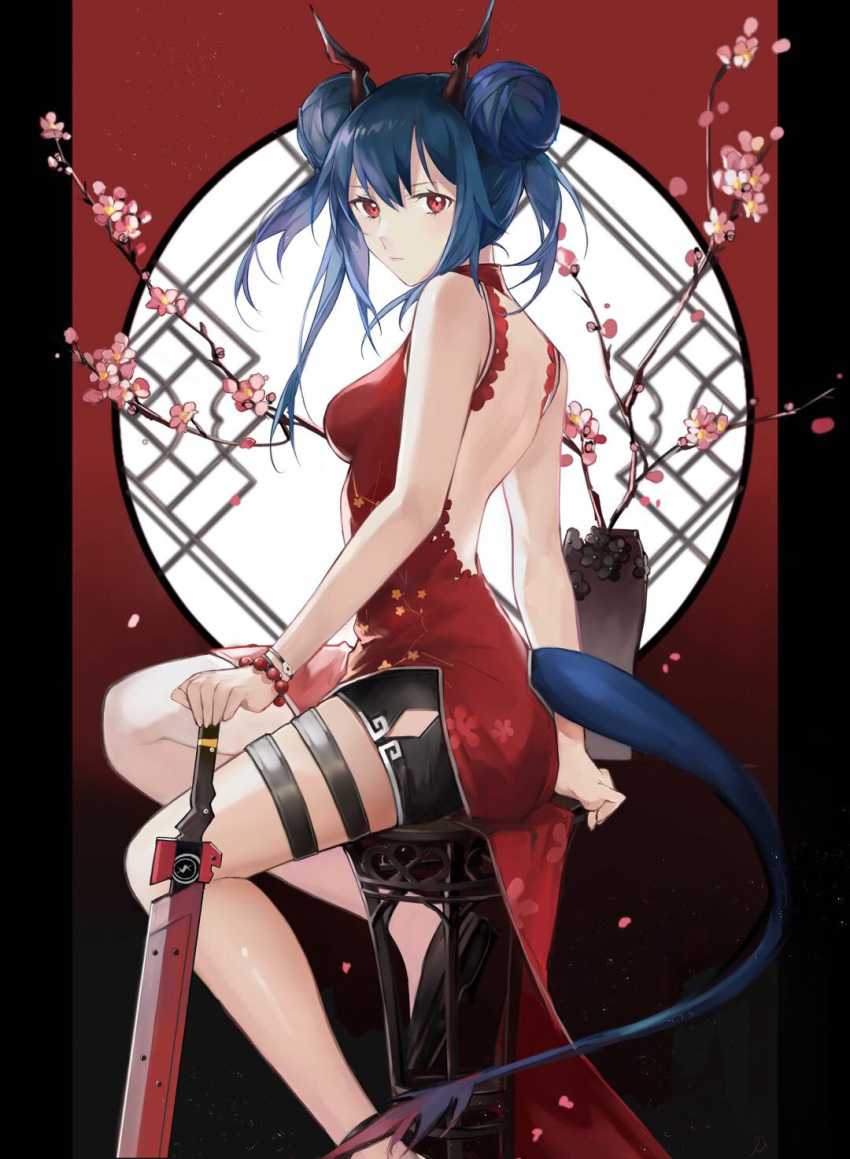 1girl arknights backless_dress backless_outfit bangs bare_arms bare_back bare_legs bare_shoulders bead_bracelet beads bike_shorts black_shorts blue_hair bracelet breasts ch'en_(arknights) cherry_blossoms china_dress chinese_clothes chinese_commentary commentary_request double_bun dress feet_out_of_frame from_side highres horns jewelry lizi13896363898 long_hair looking_at_viewer medium_breasts pillarboxed planted_sword planted_weapon red_dress red_eyes short_shorts shorts side_slit sidelocks sitting sleeveless sleeveless_dress solo sword tail thigh_strap thighs twintails weapon