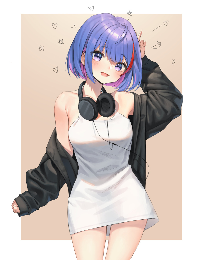 1girl :d absurdres arm_up armpit_peek bare_shoulders black_jacket blue_eyes blue_hair breasts collarbone colored_inner_hair cowboy_shot dress halter_dress head_tilt headphones headphones_around_neck highres jacket long_sleeves looking_at_viewer medium_breasts multicolored_hair off_shoulder open_clothes open_jacket open_mouth original purple_hair short_hair sleeveless sleeveless_dress smile solo spaghetti_strap streaked_hair white_dress xi_xeong