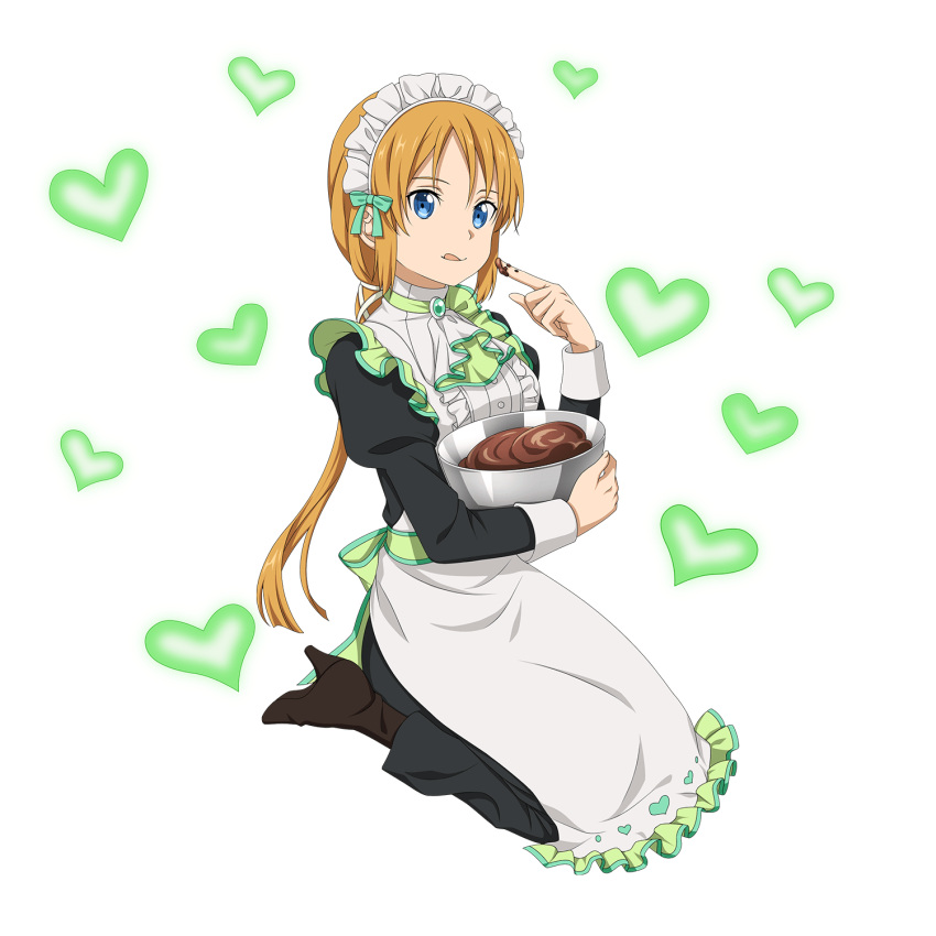 1girl :q alternate_costume apron aqua_ribbon black_shirt black_skirt blonde_hair blue_eyes boots brown_footwear chocolate enmaided full_body hair_ribbon heart high_heel_boots high_heels highres index_finger_raised kneeling long_hair long_skirt long_sleeves low_ponytail maid maid_headdress official_art ribbon selka_schuberg shirt skirt smile solo sword_art_online tongue tongue_out transparent_background very_long_hair white_apron