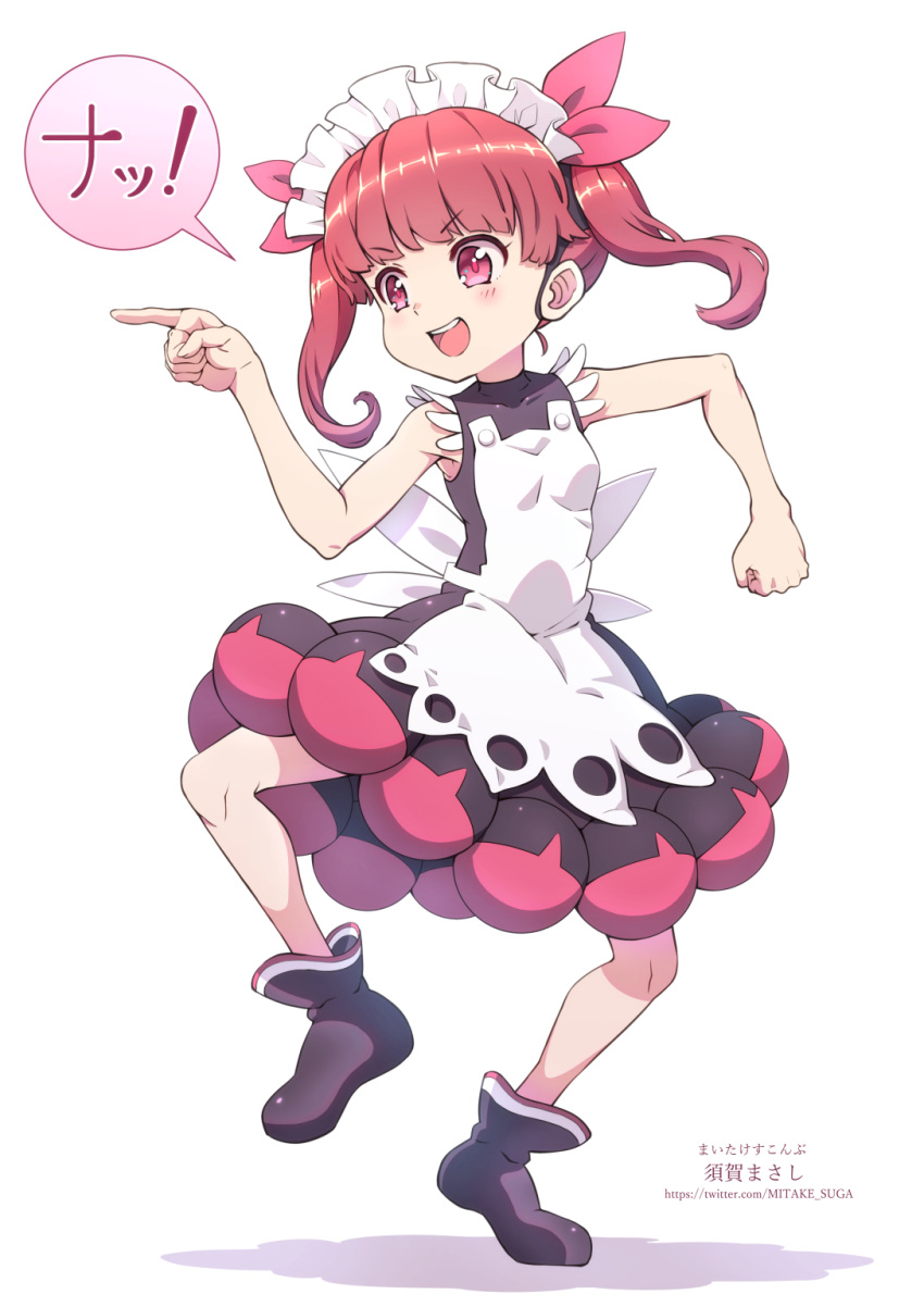 1girl black_footwear blush boots clenched_hand commentary_request dress full_body highres kemurikusa pink_eyes pointing redhead rina_(kemurikusa) shadow sleeveless sleeveless_dress solo speech_bubble standing standing_on_one_leg suka_masashi translation_request twintails v-shaped_eyebrows watermark web_address white_background
