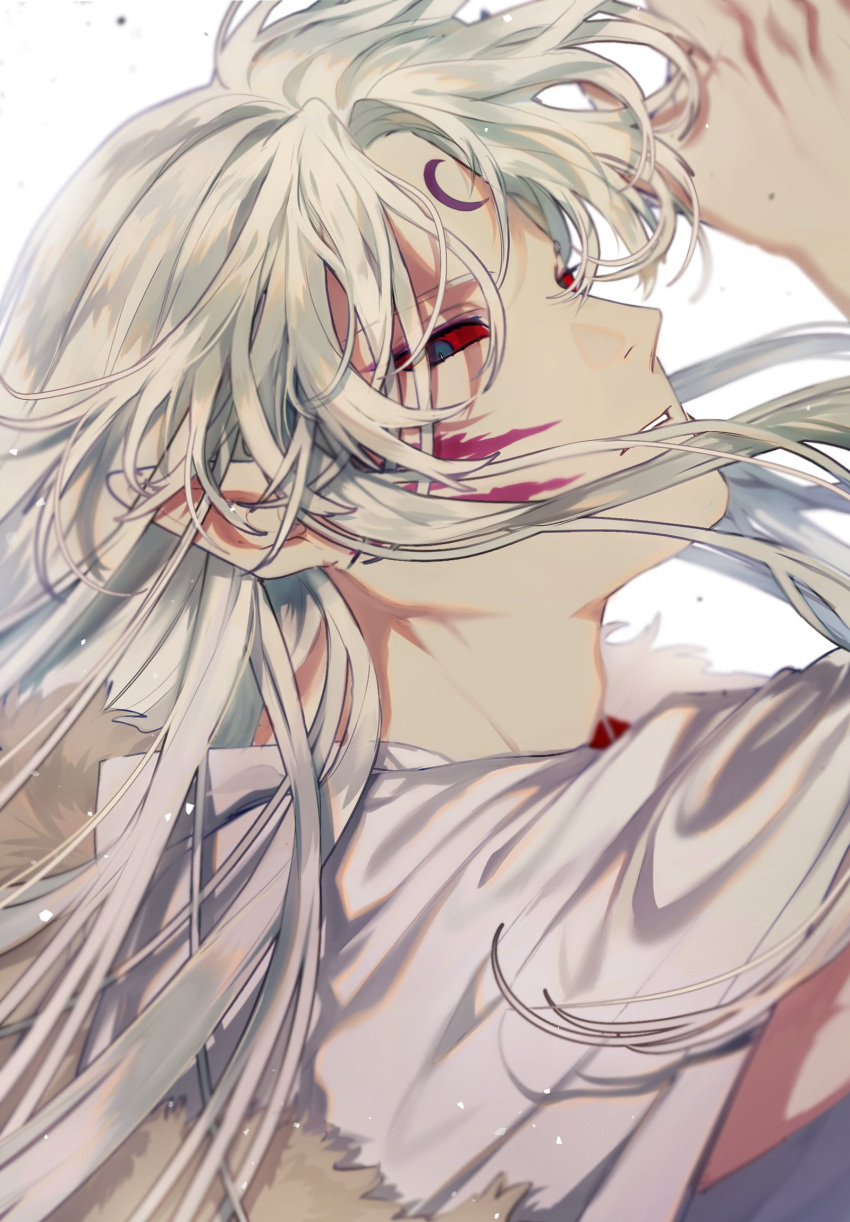 1boy bangs black_eyes crescent facial_mark highres inuyasha long_hair looking_at_viewer male_focus mgmg_1012 parted_lips pointy_ears red_sclera sesshoumaru shaded_face simple_background solo white_background white_hair