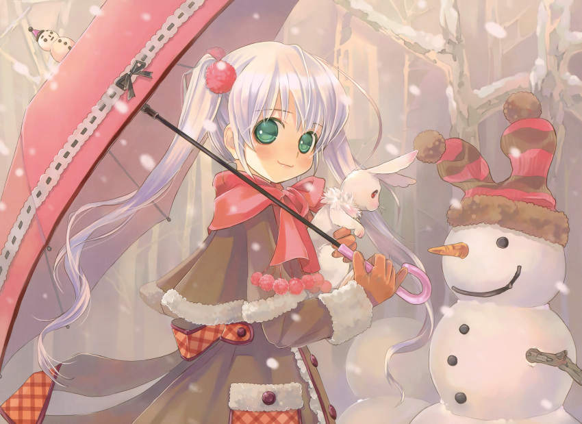 1girl absurdres bangs bare_tree blush brown_capelet brown_gloves capelet coat day eyebrows_visible_through_hair forest fur_trim gloves green_eyes grey_hair highres holding holding_umbrella kuga_tsukasa long_hair long_sleeves looking_at_viewer nature original outdoors pinky_out pom_pom_(clothes) rabbit red_scarf red_umbrella scarf smile snow snowman solo standing tree twintails umbrella very_long_hair