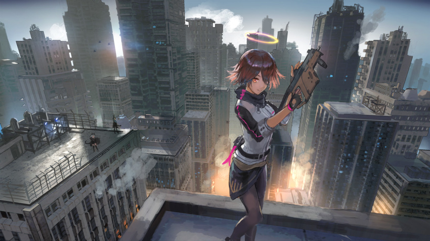 3girls amiya_(arknights) animal_ears arknights bangs black_gloves black_jacket black_skirt breasts brown_eyes brown_hair brown_legwear building cat_tail character_request city cityscape closed_mouth commentary_request day denki exusiai_(arknights) finger_on_trigger fingerless_gloves gloves gun hair_over_one_eye halo holding holding_gun holding_weapon jacket kriss_vector looking_at_viewer multiple_girls outdoors pantyhose rabbit_ears rooftop skirt skyscraper small_breasts smile smoke solo_focus standing submachine_gun tail weapon white_jacket
