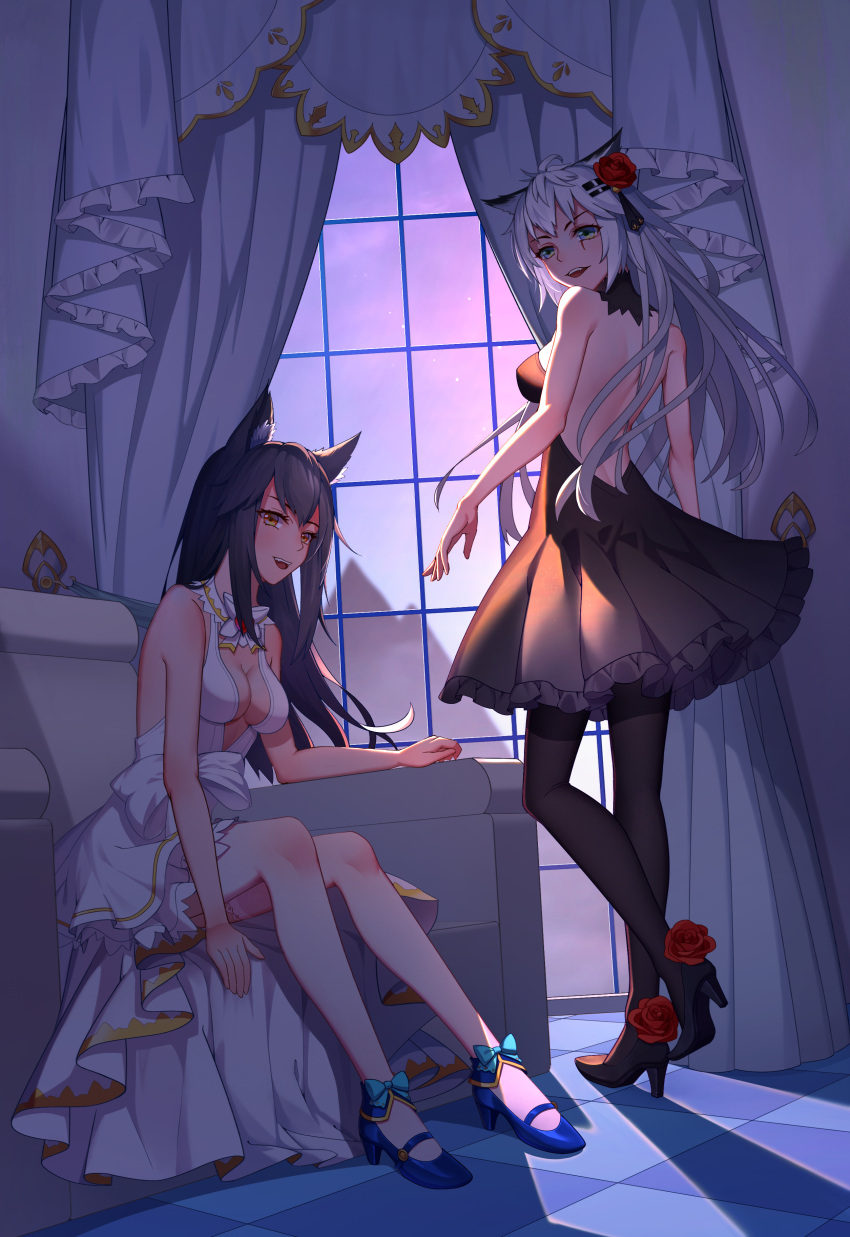 2girls :d absurdres alternate_costume animal_ear_fluff animal_ears arknights armchair backless_dress backless_outfit bangs bare_arms bare_back bare_legs bare_shoulders black_dress black_hair black_legwear blue_bow blue_footwear bow breasts brown_eyes chair chinese_commentary commentary_request curtains dress flower from_behind grey_eyes hair_flower hair_ornament hairclip heiyizhushenxia high_heels highres indoors lappland_(arknights) long_hair looking_at_viewer looking_back medium_breasts multiple_girls open_mouth pantyhose red_flower red_rose rose short_dress silver_hair sitting sleeveless sleeveless_dress smile standing texas_(arknights) white_dress window wolf_ears