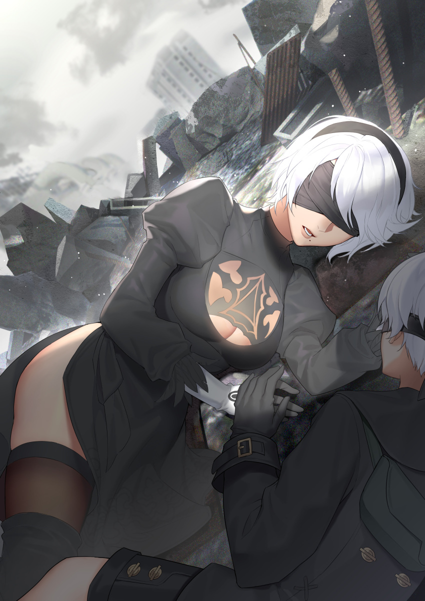 1boy 1girl absurdres aquarius_(artist) black_blindfold black_dress black_gloves black_hairband black_legwear blindfold boots breasts building cleavage_cutout commentary dress feather-trimmed_sleeves gloves hairband high_heel_boots high_heels highres juliet_sleeves long_sleeves lying medium_breasts mole mole_under_mouth nier_(series) nier_automata outdoors puffy_sleeves ruins short_hair shorts silver_hair thigh-highs thigh_boots thighhighs_under_boots white_hair yorha_no._2_type_b yorha_no._9_type_s