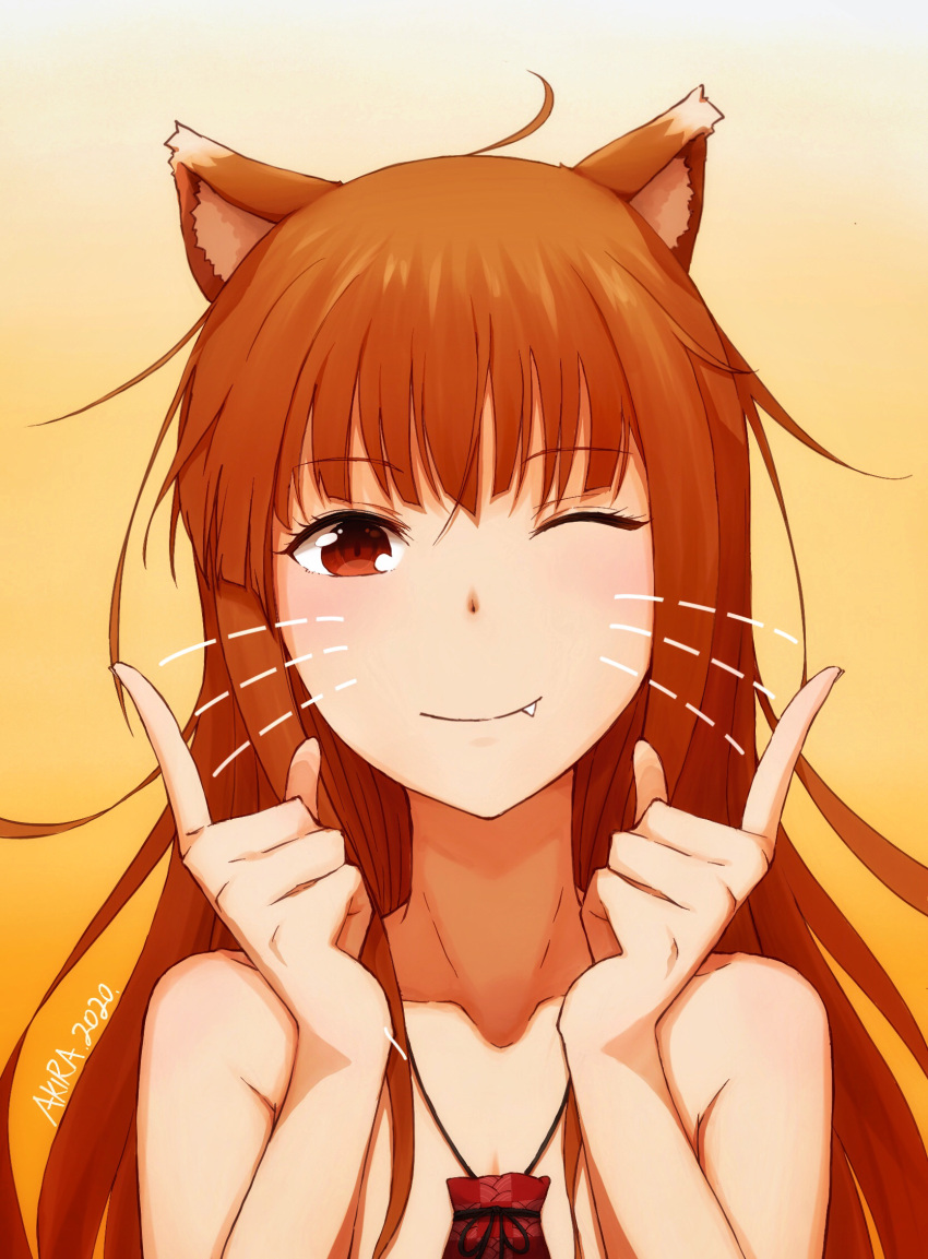 1girl 2020 akira_(sz6501991sz) animal_ears brown_hair collarbone eyebrows_visible_through_hair fang gradient gradient_background highres holo index_fingers_raised long_hair nude one_eye_closed pouch red_eyes signature smile solo spice_and_wolf wolf_ears wolf_girl