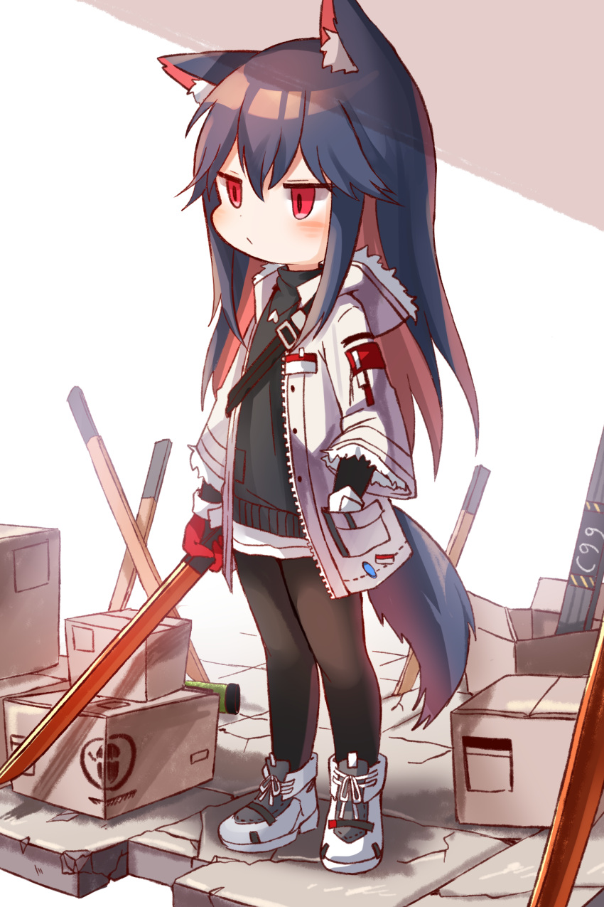 1girl absurdres animal_ear_fluff animal_ears arknights black_legwear blush box cardboard_box commentary full_body gloves hand_in_pocket highres honyang jacket looking_away pantyhose red_eyes red_gloves shoes sneakers solo standing sword tail texas_(arknights) weapon wolf_ears wolf_tail