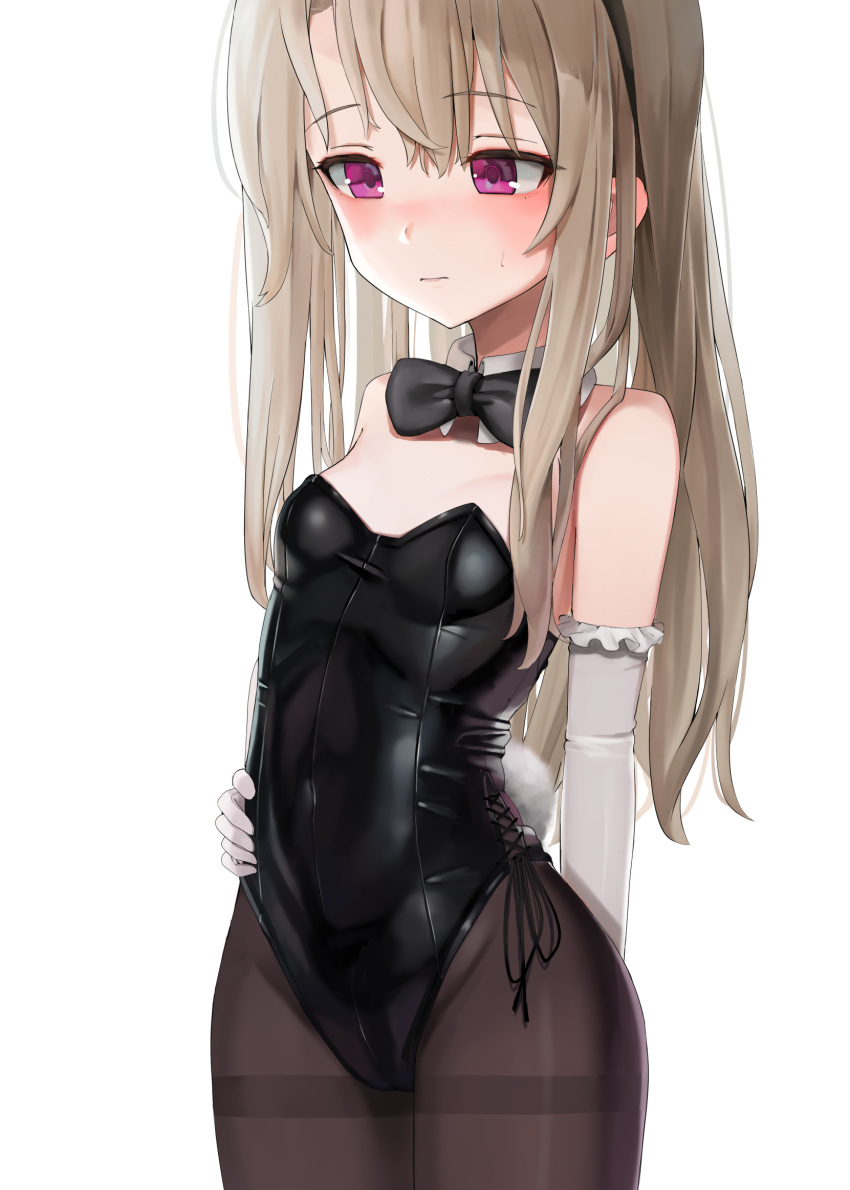1girl bare_shoulders black_bow black_legwear blonde_hair blush bow breasts bunny_tail bunnysuit commentary_request elbow_gloves fake_tail fate/kaleid_liner_prisma_illya fate_(series) frown gloves hair_ornament hand_on_own_stomach highres illyasviel_von_einzbern long_hair pantyhose pink_eyes red_eyes simple_background small_breasts solo sunga2usagi tail white_background white_gloves