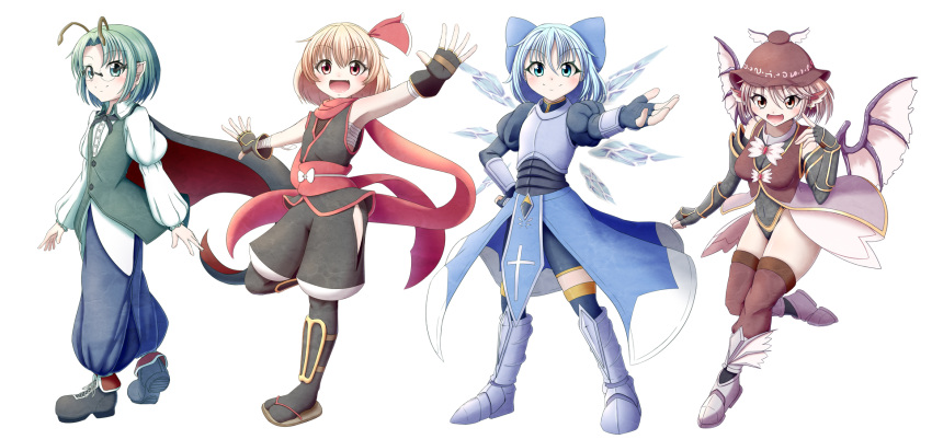 4girls :d alternate_costume antennae arm_guards armor arms_at_sides bangs bespectacled bike_shorts bird_wings black_cape black_footwear black_gloves black_legwear blonde_hair blue_eyes blue_hair blue_pants bow brown_headwear brown_legwear brown_vest cape cirno commentary_request cross cross-laced_footwear eyebrows_visible_through_hair fang feathered_wings fingerless_gloves folded_leg from_side full_body glasses gloves greaves green_hair hair_bow hair_ribbon hand_on_hip highres hip_vent juliet_sleeves knight leotard long_sleeves looking_at_viewer multiple_girls mystia_lorelei ninja obi open_mouth outstretched_arms outstretched_hand over-kneehighs pants parted_bangs pink_eyes pink_hair pointy_ears puffy_pants puffy_sleeves red_eyes ribbon rimless_eyewear rumia sandals sarashi sash shirt short_hair smile spread_arms standing standing_on_one_leg team_9 thigh-highs touhou vest waistcoat walking wan_tama white_shirt wings wriggle_nightbug