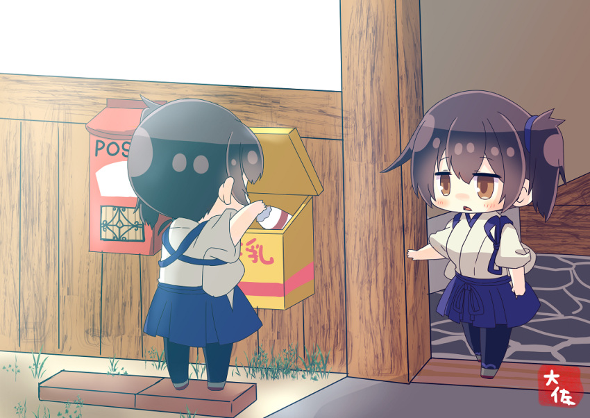 2girls artist_name black_legwear blue_hakama blush bottle brown_eyes brown_hair commentary_request dual_persona eyebrows_visible_through_hair hair_between_eyes hakama hakama_skirt japanese_clothes kaga_(kantai_collection) kantai_collection milk milk_bottle multiple_girls open_mouth postbox_(outgoing_mail) short_hair side_ponytail taisa_(kari) tasuki thigh-highs