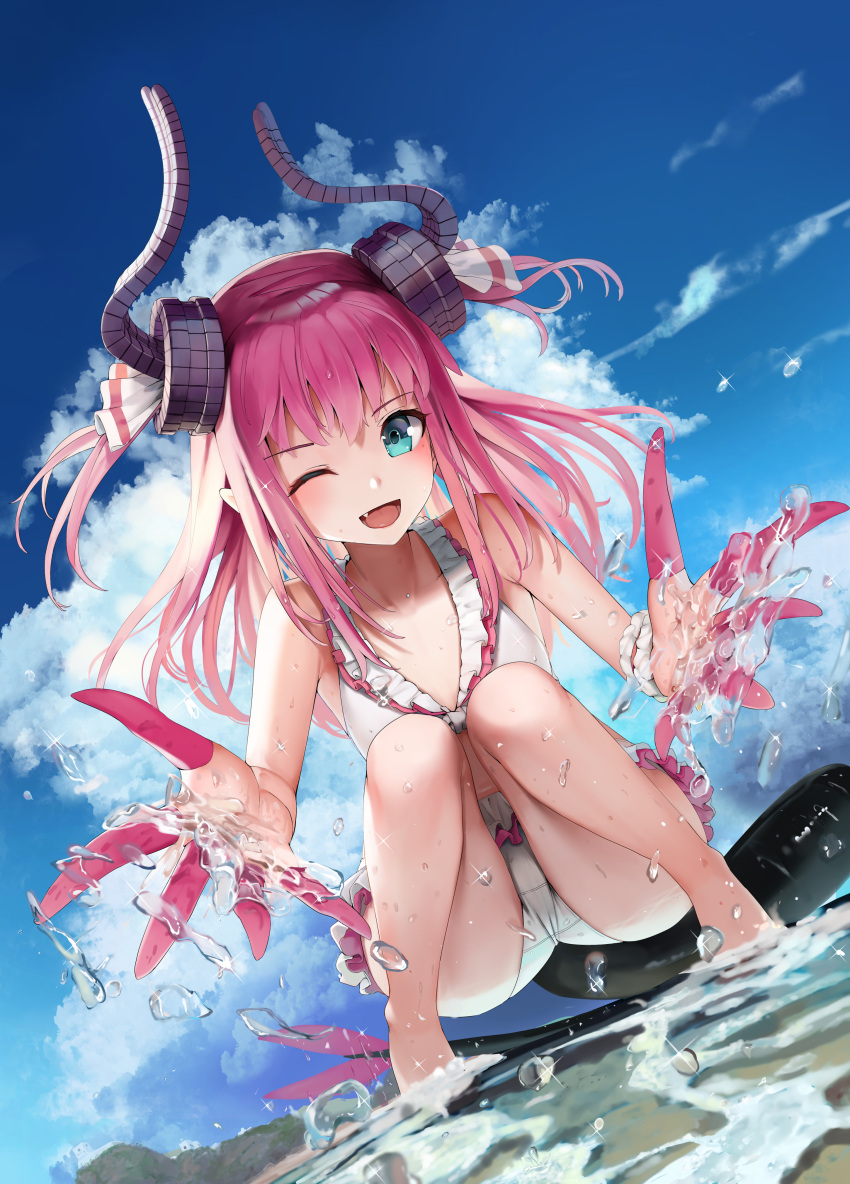 1girl absurdres ass bangs bikini blue_eyes blue_sky breasts clouds commentary_request curled_horns day dragon_horns dragon_tail elizabeth_bathory_(fate) elizabeth_bathory_(fate)_(all) eyebrows_visible_through_hair fang fate/extra fate_(series) hair_ribbon highres horns in_water long_hair looking_at_viewer one_eye_closed outdoors pink_hair pointy_ears ribbon sky small_breasts smile solo sunga2usagi swimsuit tail two_side_up water white_bikini