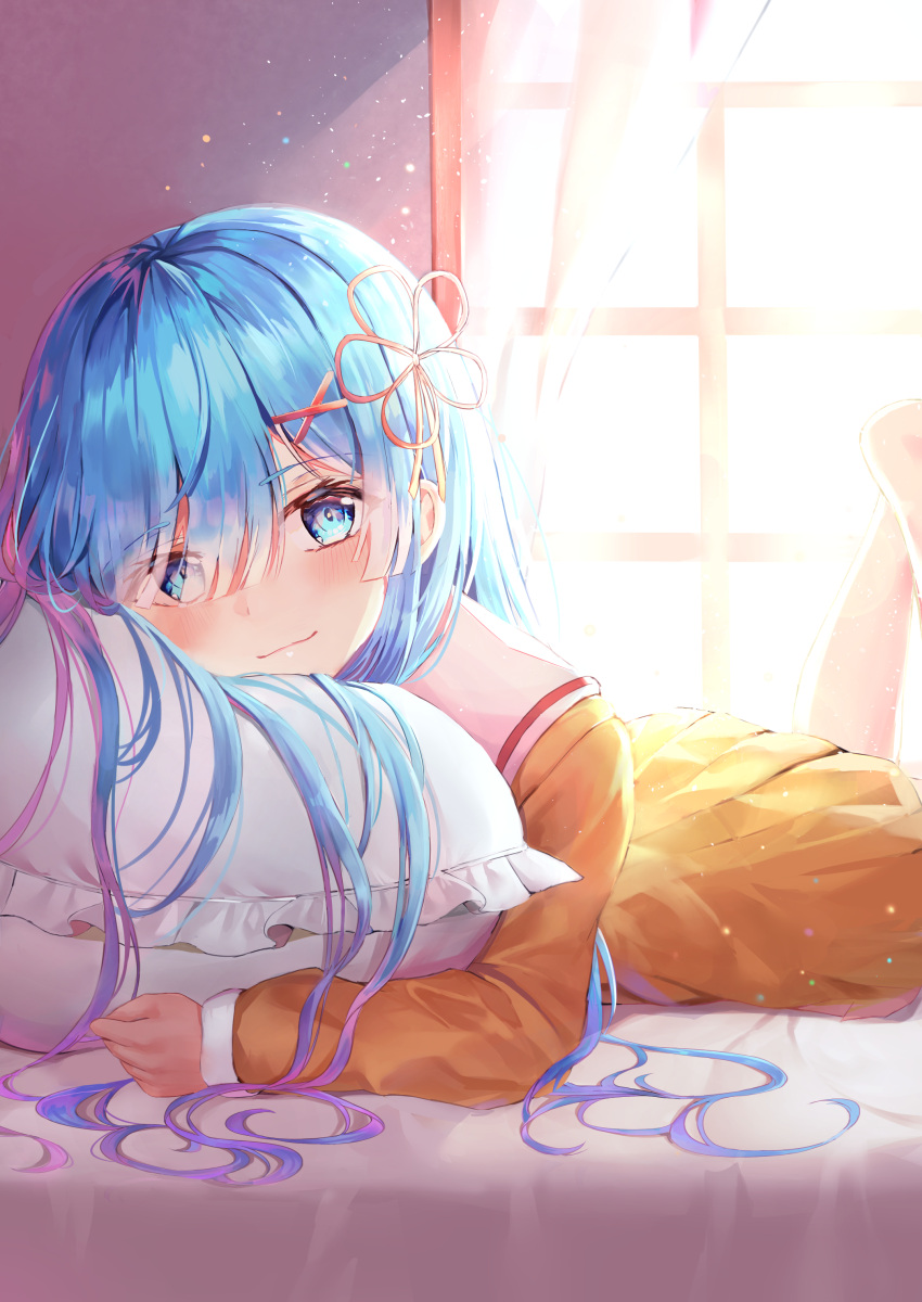 1girl absurdres alternate_costume bangs blue_eyes blue_hair blush breasts commentary_request day eyebrows_visible_through_hair hair_ornament hair_over_one_eye hair_ribbon highres indoors long_hair long_sleeves looking_at_viewer lying on_stomach pillow pink_ribbon re:zero_kara_hajimeru_isekai_seikatsu refile rem_(re:zero) ribbon smile solo sunlight x_hair_ornament