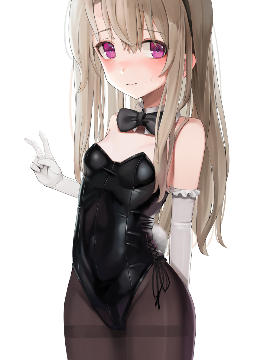 1girl bare_shoulders black_bow black_legwear blonde_hair blush bow breasts bunny_tail bunnysuit commentary_request elbow_gloves fake_tail fate/kaleid_liner_prisma_illya fate_(series) gloves hair_ornament highres illyasviel_von_einzbern long_hair looking_at_viewer pantyhose pink_eyes red_eyes simple_background small_breasts smile solo sunga2usagi tail v white_background white_gloves