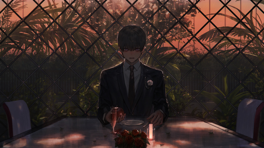 1boy apple black_jacket brown_hair candle chain-link_fence chair champagne_flute collared_shirt cup drinking_glass fence flower food fruit hair_between_eyes highres hirota_tsuu holding holding_food holding_fruit jacket long_sleeves looking_at_viewer male_focus necktie orange_sky original palm_tree plate pov red_flower red_neckwear red_rose rose shirt sitting sky solo tree violet_eyes white_shirt wing_collar