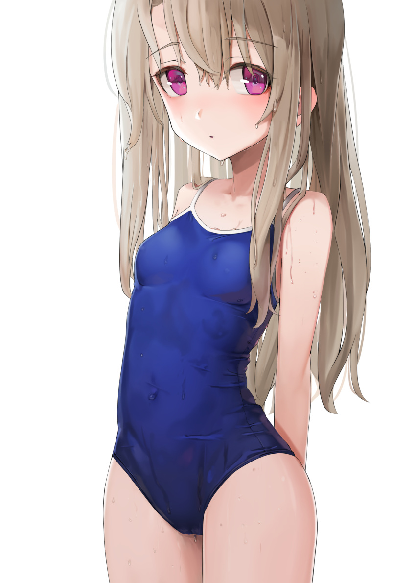 1girl bangs bare_shoulders blue_swimsuit blush breasts collarbone commentary_request eyebrows_visible_through_hair fate/kaleid_liner_prisma_illya fate_(series) highres illyasviel_von_einzbern long_hair looking_at_viewer red_eyes simple_background small_breasts solo sunga2usagi swimsuit wet wet_clothes wet_hair white_background