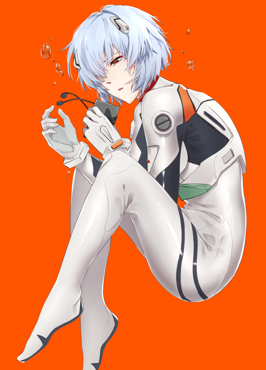 1girl ayanami_rei bodysuit fetal_position from_side fuyuhi_tsukika hair_over_one_eye highres neon_genesis_evangelion open_mouth orange_background plugsuit red_eyes short_hair silver_hair simple_background solo tears white_bodysuit