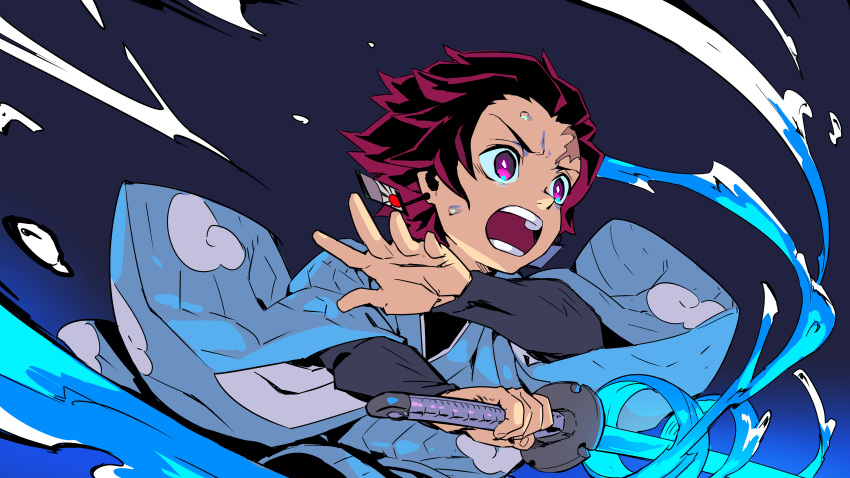 1boy absurdres brown_hair commentary_request haori highres holding holding_sword holding_weapon japanese_clothes kamado_tanjirou katana kimetsu_no_yaiba long_sleeves male_focus nagisa_kurousagi open_mouth scar simple_background solo sword upper_body violet_eyes weapon wide_sleeves