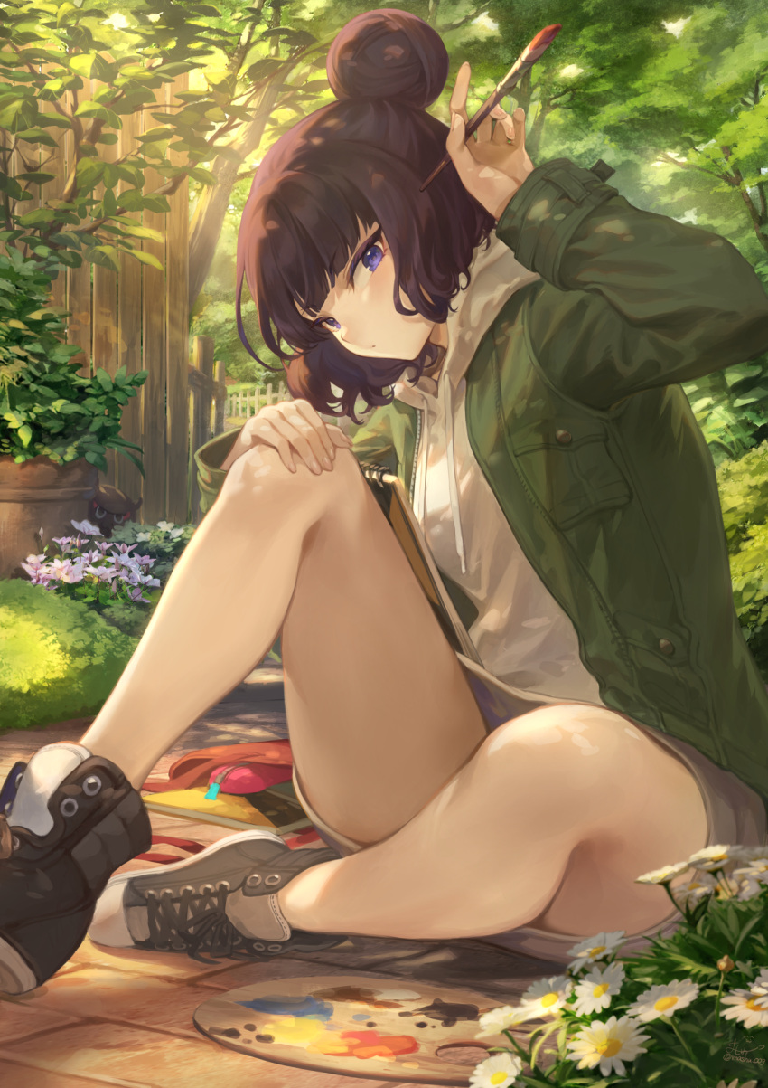 1girl bag bangs black_footwear blue_eyes breasts contemporary drawstring fate/grand_order fate_(series) flower green_jacket grey_skirt hair_bun highres holding holding_paintbrush hood hooded_sweater jacket katsushika_hokusai_(fate/grand_order) knee_up legs long_sleeves looking_at_viewer mashuu_(neko_no_oyashiro) octopus open_clothes open_jacket paint paintbrush palette plant potted_plant purple_hair short_hair shoulder_bag sitting sketchbook skirt solo sweater tokitarou_(fate/grand_order) tree white_sweater