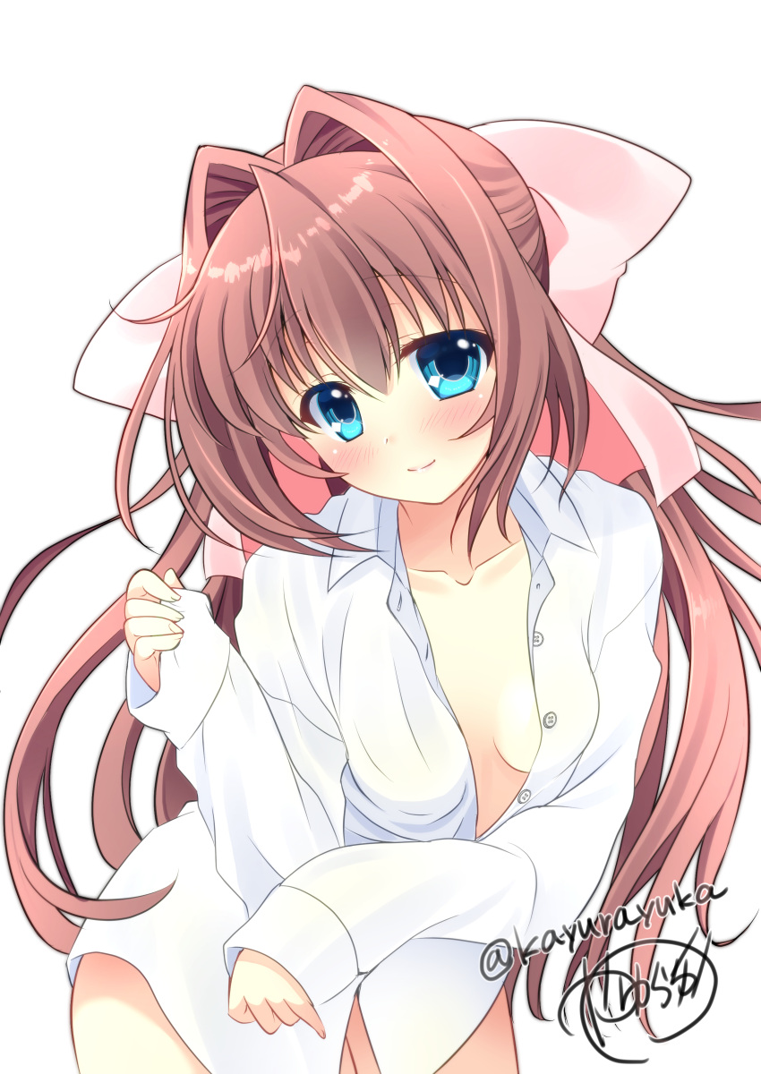 1girl absurdres artist_name asakura_otome bangs blue_eyes blush bow breasts brown_hair collarbone da_capo da_capo_ii eyebrows_visible_through_hair hair_between_eyes hair_bow highres kayura_yuka long_hair looking_at_viewer naked_shirt pink_bow shirt simple_background small_breasts smile solo translation_request white_background white_shirt