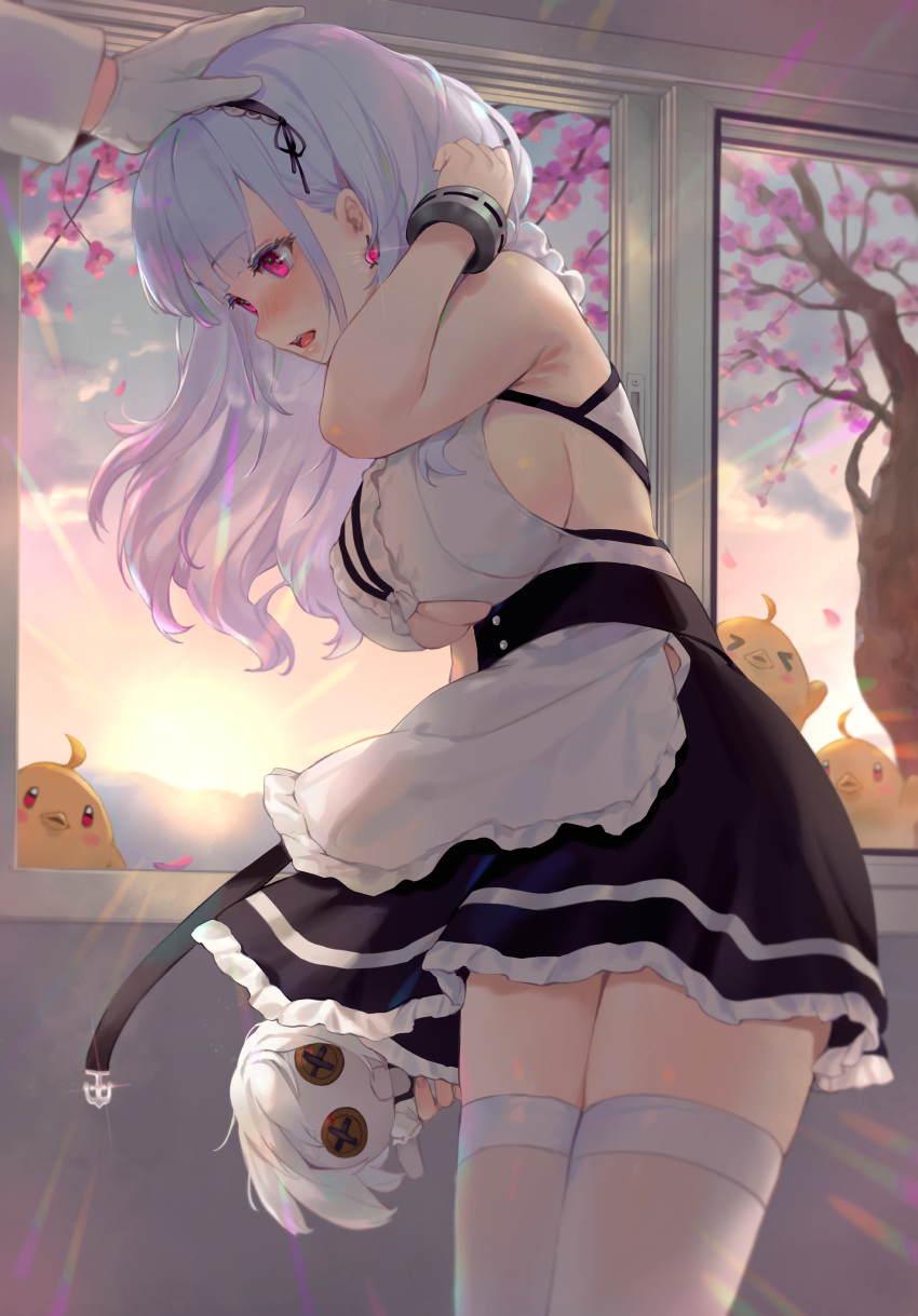 1girl absurdres apron azur_lane bangs bare_shoulders bibimbub black_hairband blush branch breasts center_frills cherry_blossoms commander_(azur_lane) commentary_request dido_(azur_lane) doll earrings eyebrows_visible_through_hair falling_petals frilled_apron frills gloves hairband highres holding holding_doll jewelry lace-trimmed_hairband large_breasts leaning_forward long_hair looking_down maid_apron manjuu_(azur_lane) military_jacket open_mouth petting pink_eyes shirt sideboob sky sleeveless sleeveless_shirt sun sunlight thigh-highs tree under_boob underboob_cutout waist_apron white_apron white_gloves window wrist_cuffs