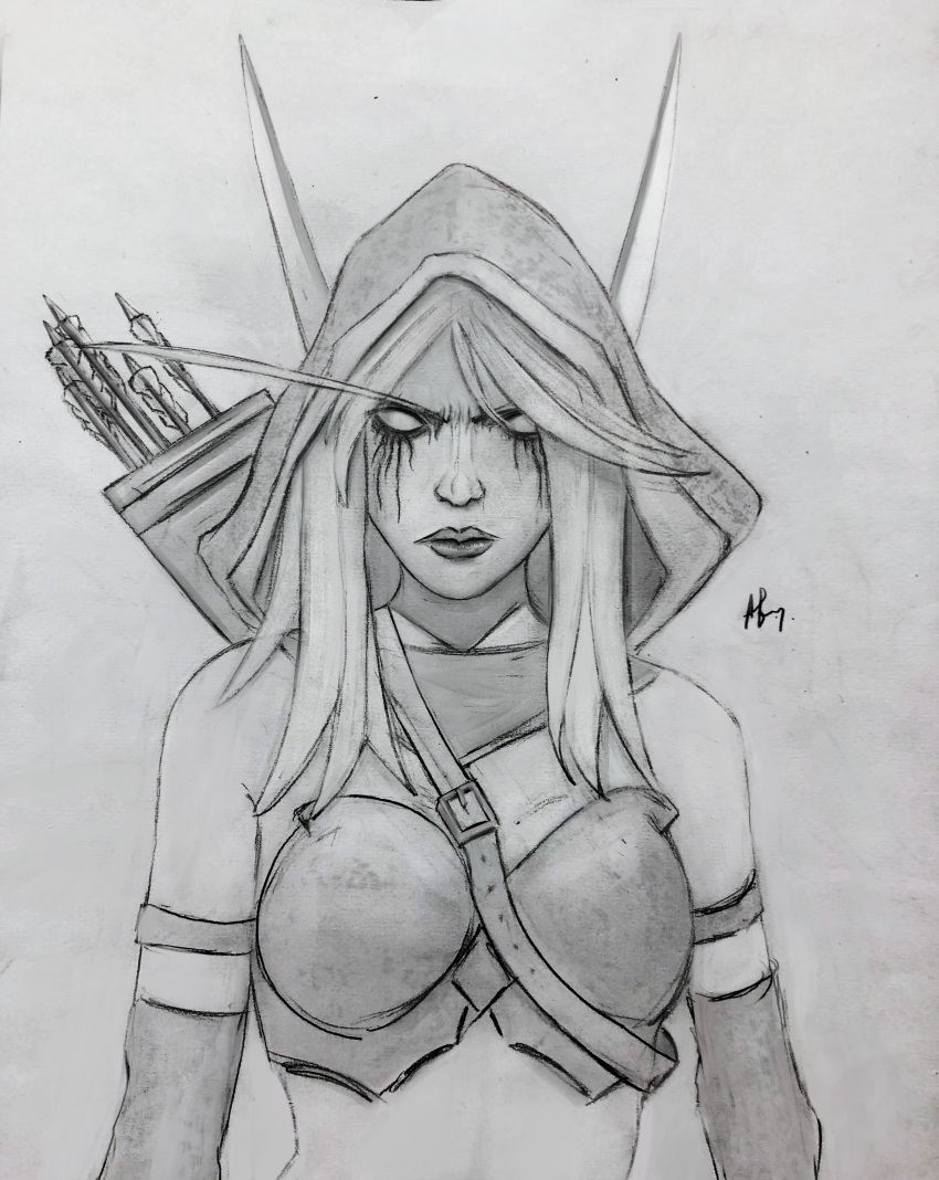 absurdres angry arrow bare_shoulders highres hood huge_filesize long_hair simple_background solo sylvanas_windrunner warcraft warcraft_3