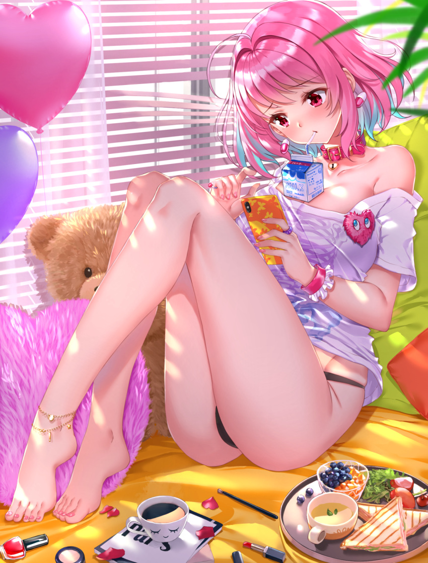1girl ahoge ass balloon bangs bare_shoulders barefoot bendy_straw black_panties blinds blue_hair blush breasts cellphone closed_mouth collarbone commentary_request cup day drinking_straw earrings eyebrows_visible_through_hair food fruit full_body grapes hair_intakes head_tilt heart heart_balloon highres holding holding_cellphone holding_phone idolmaster idolmaster_cinderella_girls indoors jewelry keyhole knees_up large_breasts multicolored_hair nail_polish off_shoulder panties phone pill_earrings pillow pink_collar pink_hair pink_nails red_eyes ring sandwich shirt short_sleeves sitting skeleton_print solo stuffed_animal stuffed_toy swordsouls teddy_bear toenail_polish tray two-tone_hair underwear white_shirt window wrist_cuffs yumemi_riamu