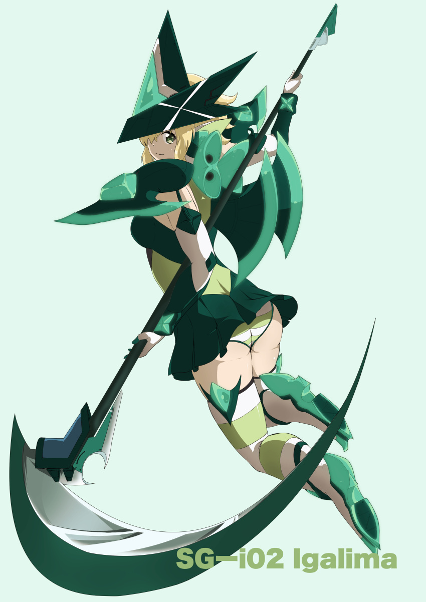1girl absurdres akatsuki_kirika armor ass blonde_hair breasts commentary_request from_behind green_eyes green_leotard highres leotard looking_at_viewer looking_back medium_breasts pauldrons scythe senki_zesshou_symphogear shiny shiny_hair shiny_skin short_hair simple_background solo striped striped_legwear thigh-highs user_mix5912