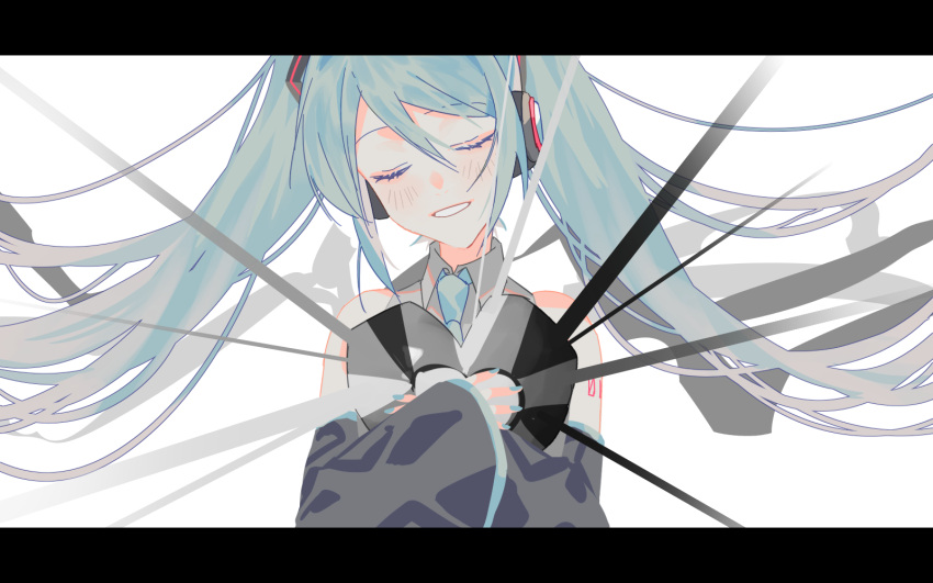 1girl bare_shoulders blue_hair blue_nails blue_neckwear blush close-up closed_eyes collared_shirt detached_sleeves eyebrows_visible_through_hair eyelashes face fingernails gradient grey_shirt hair_between_eyes hatsune_miku head_tilt headset heart highres holding holding_heart letterboxed light_smile long_hair naomasap necktie number_tattoo parted_lips see-through shirt shoulder_tattoo sidelocks simple_background sleeveless sleeveless_shirt solo tattoo twintails unknown_mother_goose_(vocaloid) upper_body very_long_hair vocaloid white_background