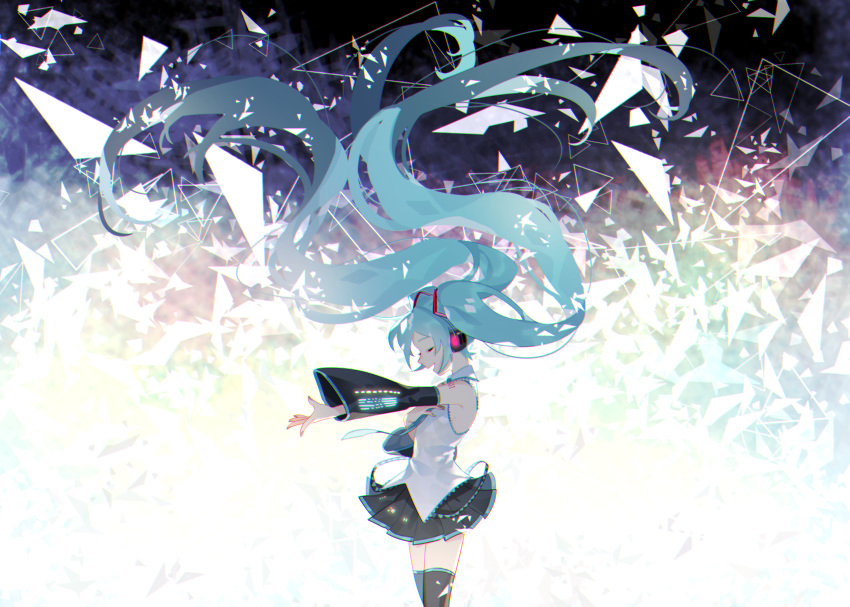 1girl abstract_background backlighting black_background black_legwear black_skirt blue_background blue_hair blue_nails blue_neckwear breasts chromatic_aberration closed_eyes cowboy_shot eyelashes fingernails floating_hair gradient gradient_background hand_on_own_chest hatsune_miku highres light_particles light_smile long_hair naomasap nape necktie number_tattoo open_mouth outstretched_hand pleated_skirt profile purple_background shirt shoulder_tattoo sideboob sidelocks skirt sleeveless sleeveless_shirt solo tattoo thigh-highs triangle very_long_hair vocaloid white_background white_shirt zettai_ryouiki