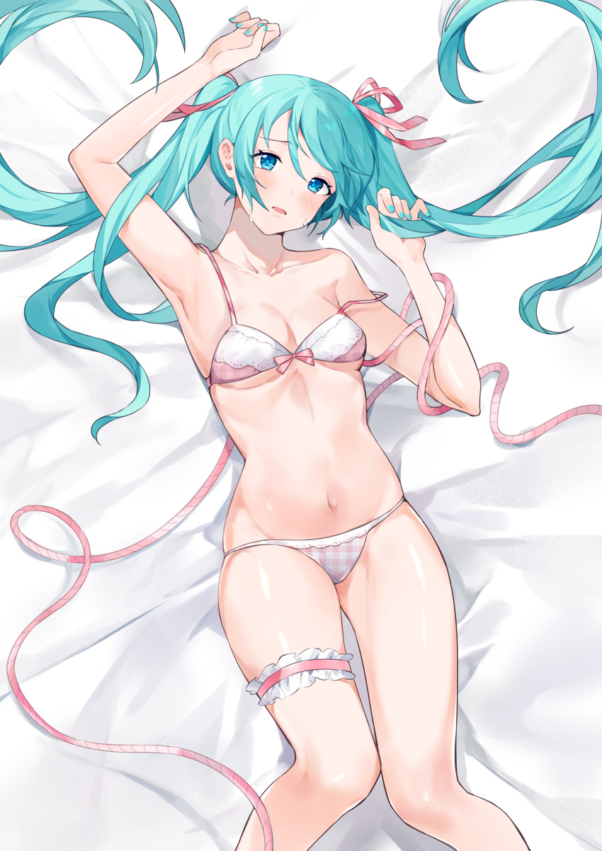 1girl absurdres bangs bare_shoulders blush bra collarbone commentary_request eyebrows_visible_through_hair hair_ribbon hatsune_miku highres long_hair looking_at_viewer lying navel on_back open_mouth panties pink_bra pink_ribbon ribbon smile solo thigh_strap twintails underwear underwear_only very_long_hair vocaloid white_panties yayako_(804907150)