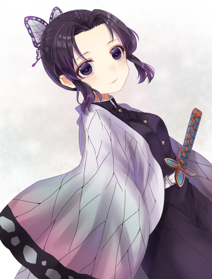 1girl bangs black_hair black_jacket black_pants blush breasts butterfly_hair_ornament closed_mouth commentary_request dutch_angle forehead gradient_hair hair_ornament highres hisui_(sigurehisui) jacket katana kimetsu_no_yaiba kochou_shinobu looking_at_viewer looking_to_the_side multicolored_hair open_clothes pants parted_bangs purple_hair small_breasts smile solo sword violet_eyes weapon